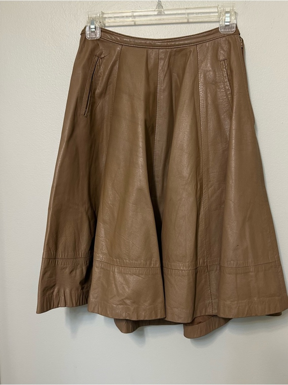 West Bay Vintage Genuine Leather Midi Skirt Minimalist Tan Zip Flare Size 8